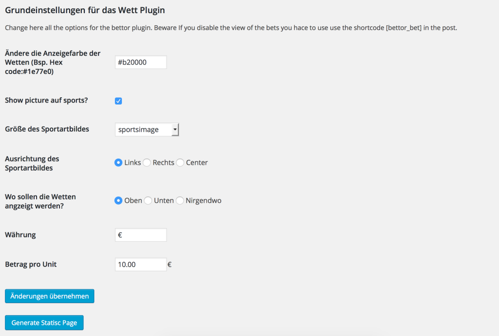 Einstellungen des Wetten Plugins für WordPress